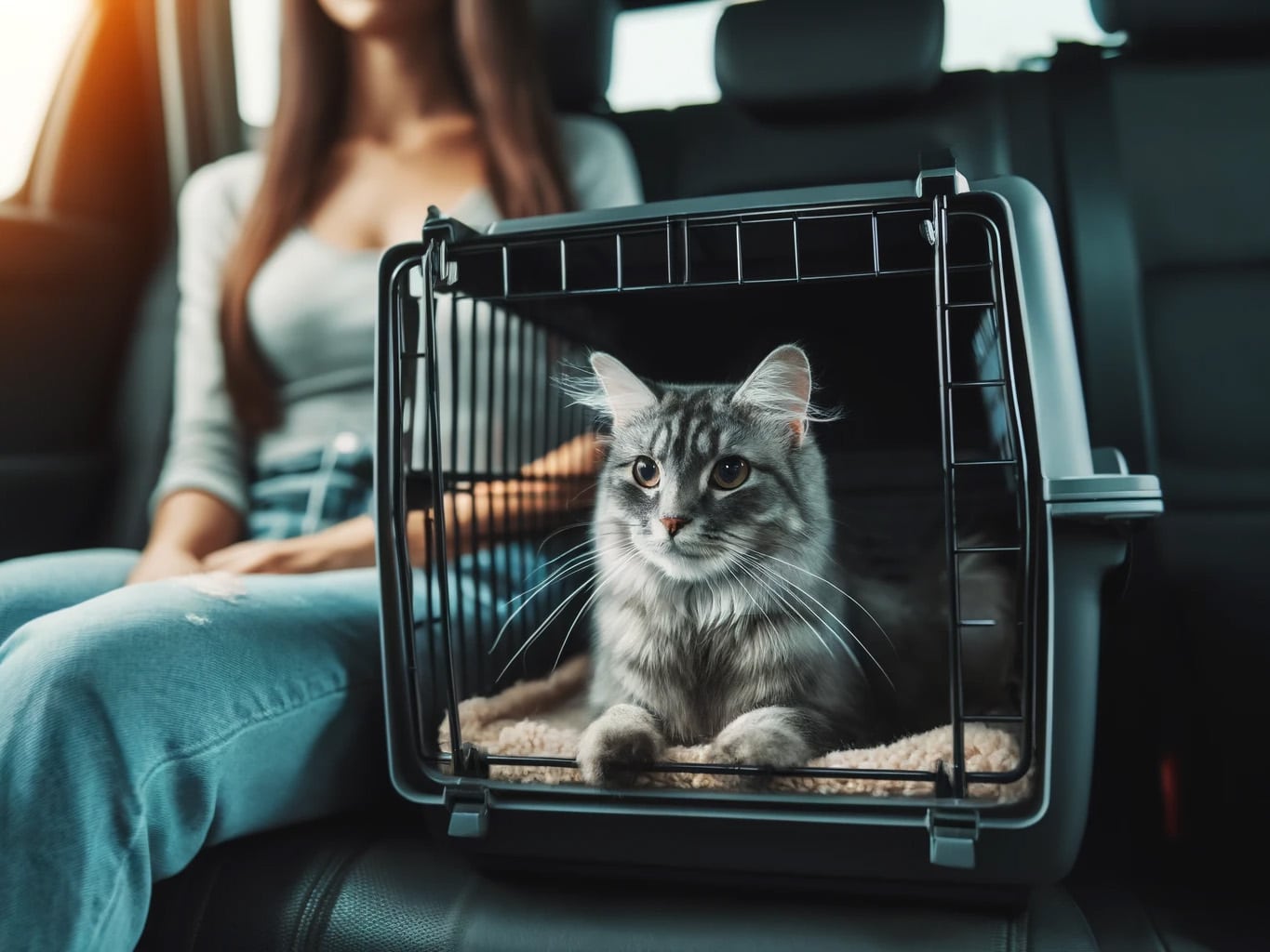 Ilustrační obrázek kočky přepravované ve voze taxi služby RadioTaxi Plzeň
